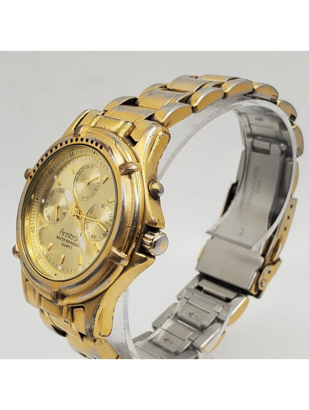 Armitron Multifunction Watch Men 37mm Gold Tone Rotating Bezel New Battery